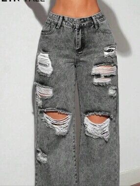 SHEIN Size4,Tall High-Waist Distressed Wide Leg Jeans - Black Gray Wash